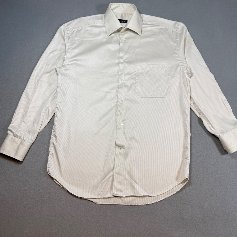 Canali Mens Dress Shirt 15.5 39 Cream Twill Cotton Long Sleeve Made in Italy